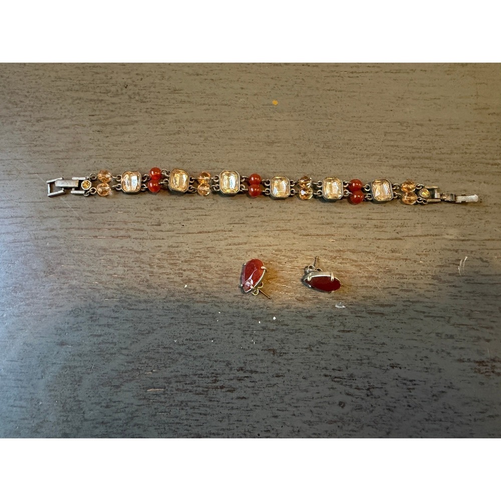 Vintage Avon Silver Tone Red Amber Crystal Link Bracelet and Stud Earring Set
